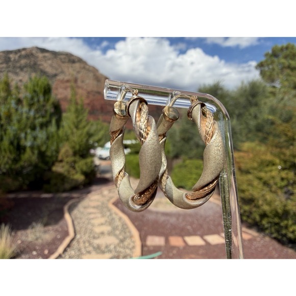 Vintage 14k Solid Yellow Gold Sterling Silver Hoop Earrings - Wire Braid Twist